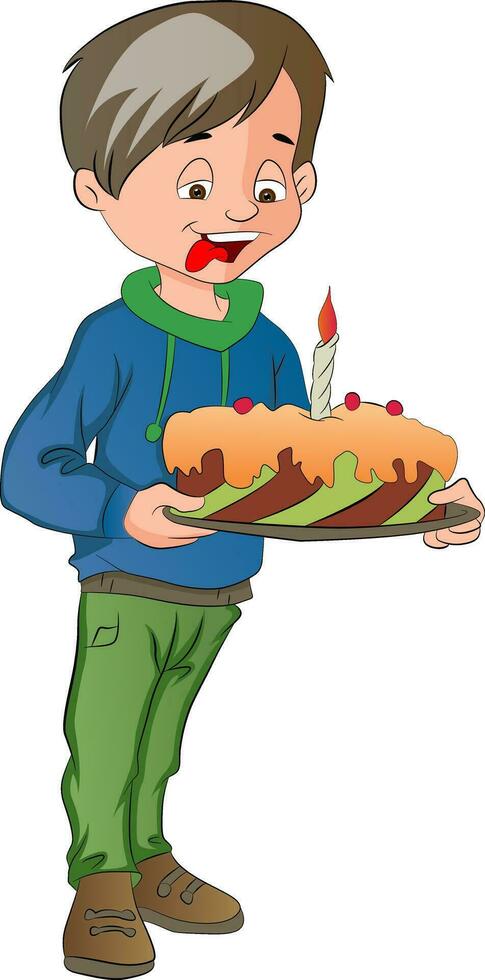 chico participación un pastel con vela, ilustración vector