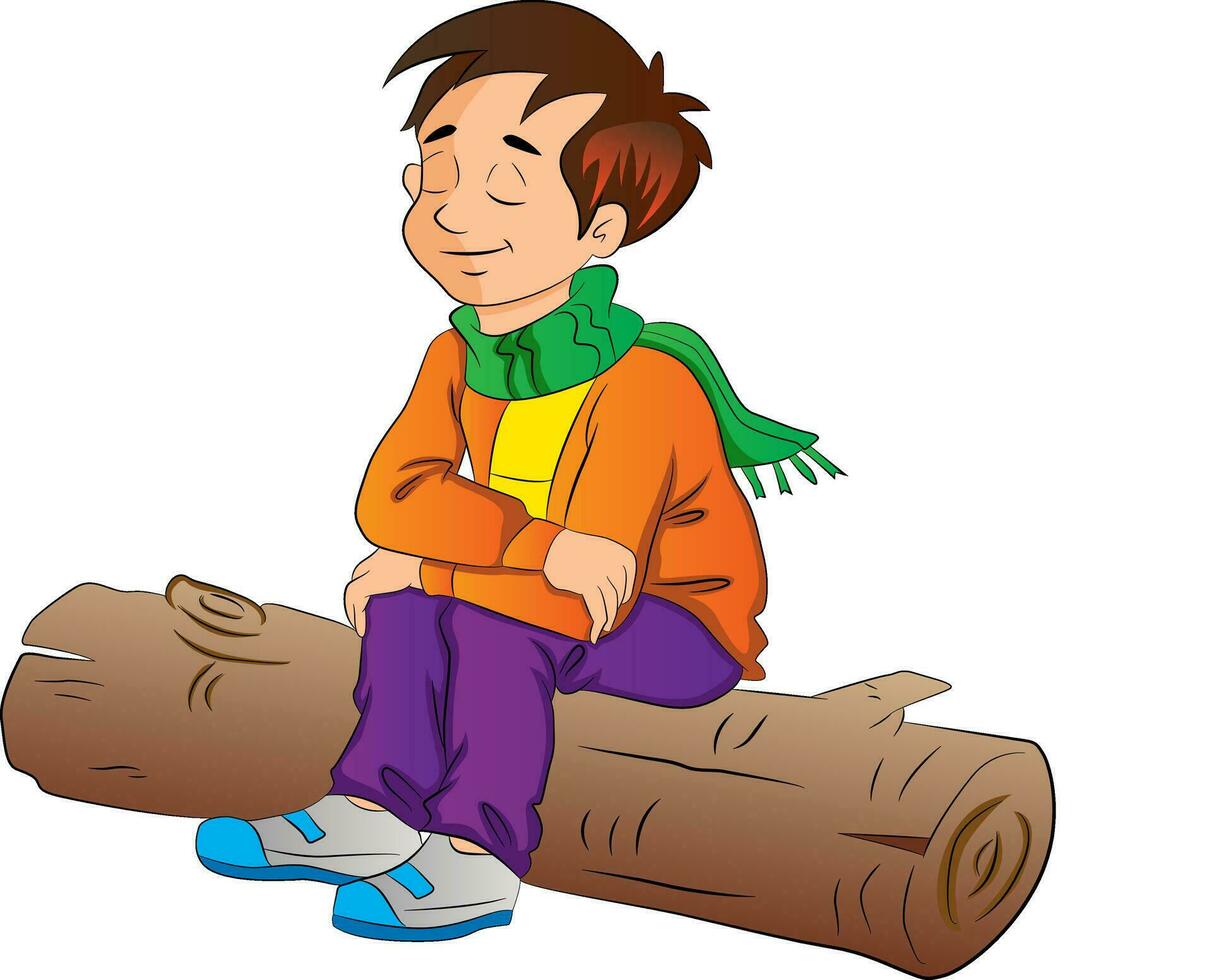 Boy Sitting on a Log, illustration vector