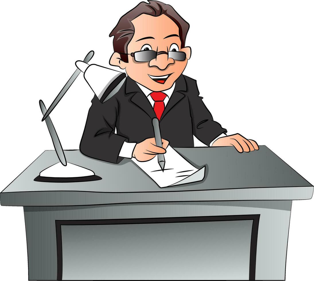 Vector of surprised businessman working at desk.