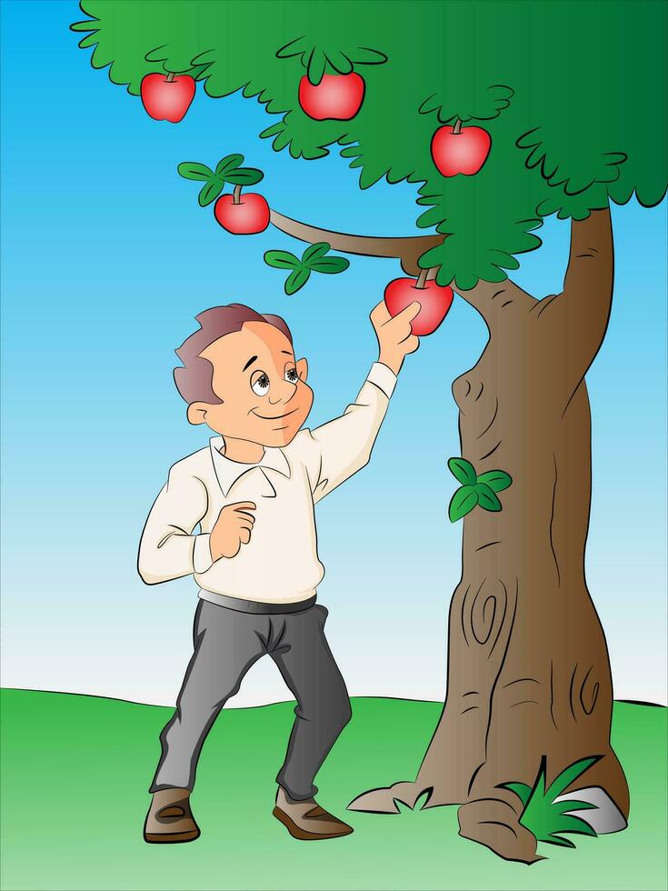 hombre cosecha manzanas desde un árbol, ilustración vector