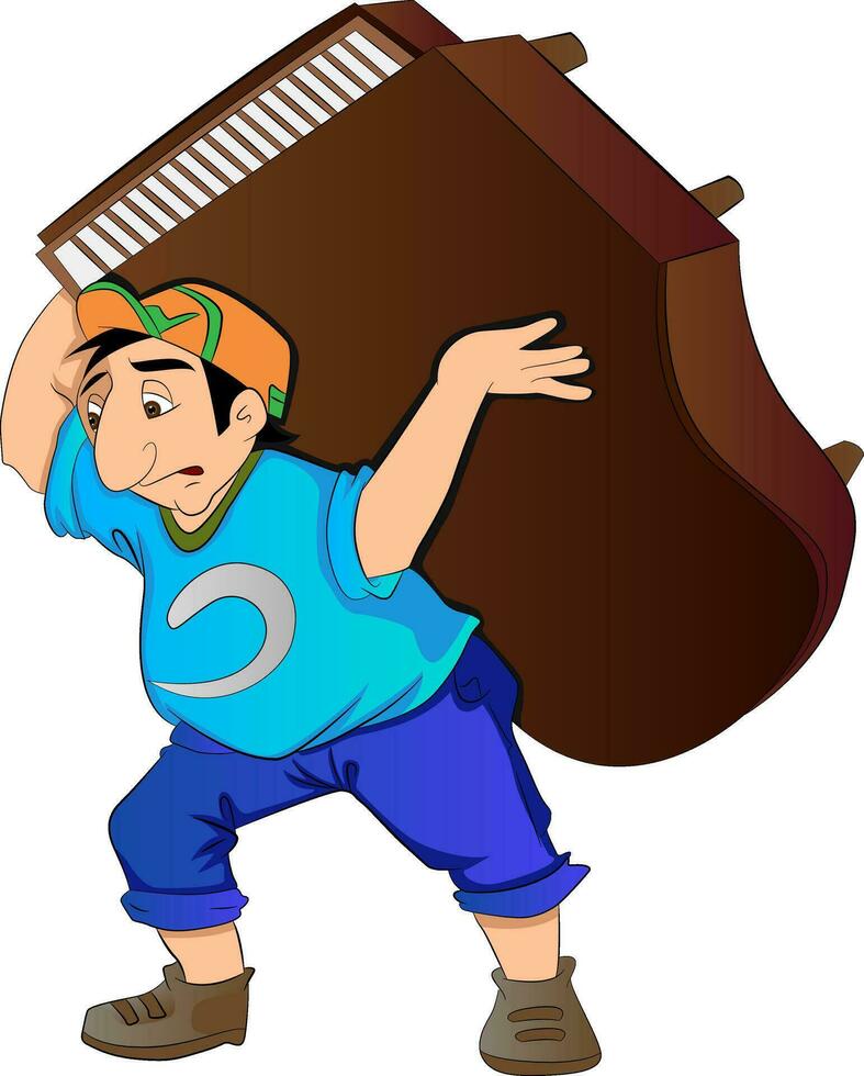 hombre levantamiento un piano, ilustración vector