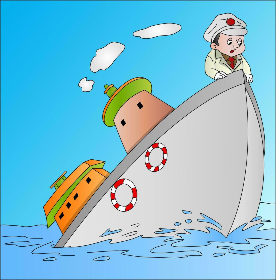 Ship Sinking with Captain, illustration vector