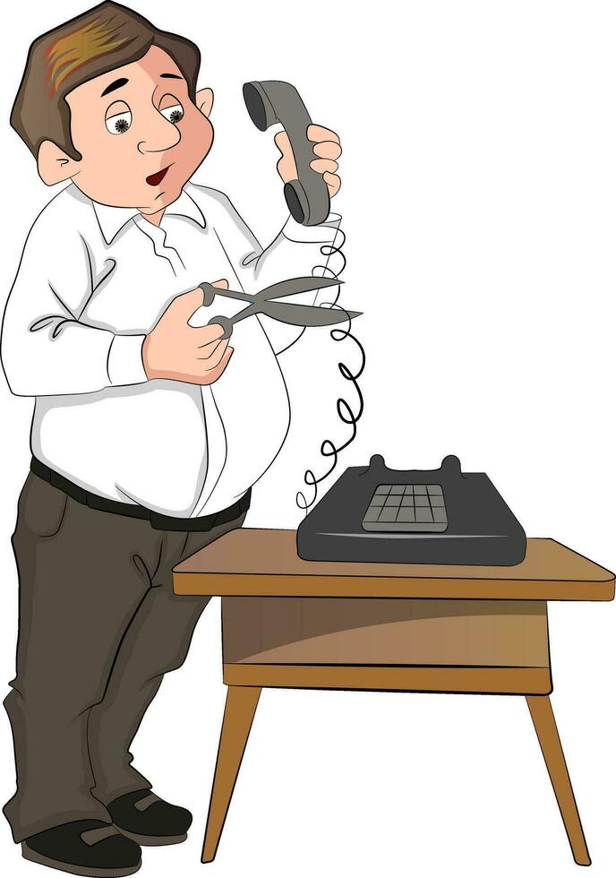 Vector of man cutting telephone cord.