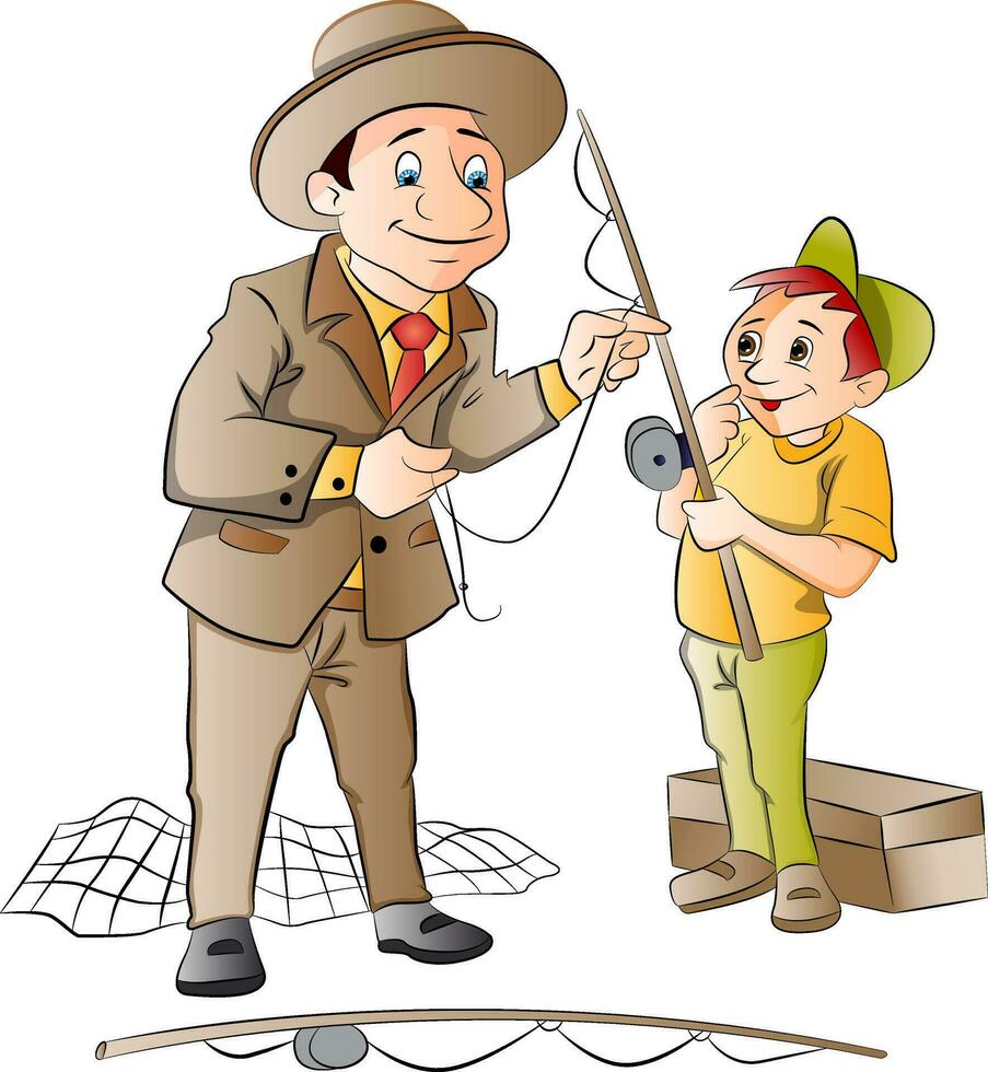 Man Teaching a Boy How to Fish, illustration vector