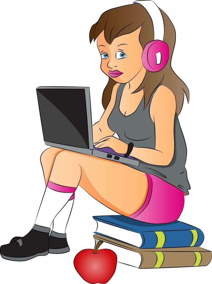 Vector of teen girl using laptop and headphones, sitting on stack of books.