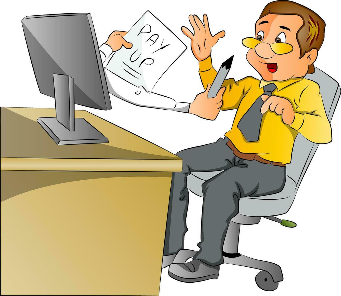 Vector of businessman shocked by looking at computer hands asking to make payment.