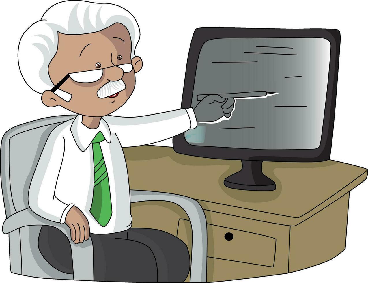 Vector of senior man pointing at monitor screen.