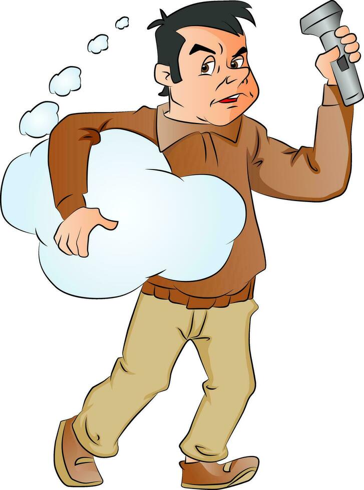 Vector of man holding thought cloud and flashlight.