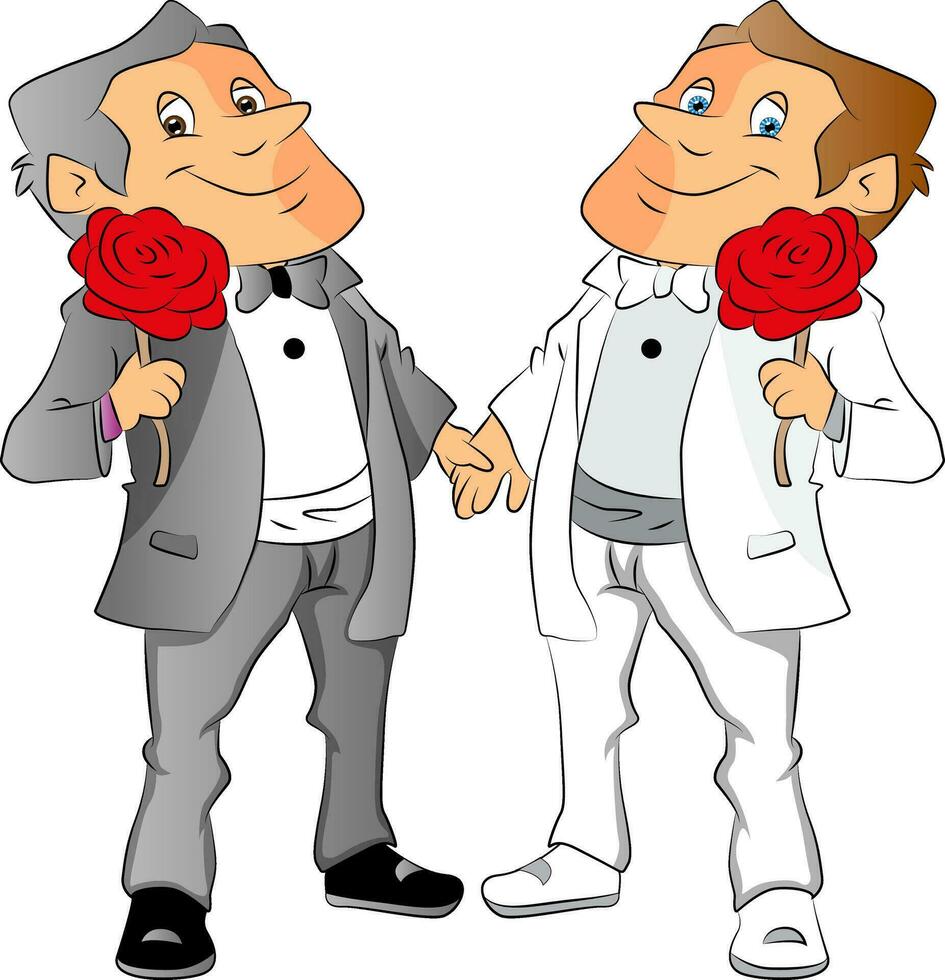Vector of two men holding red rose.