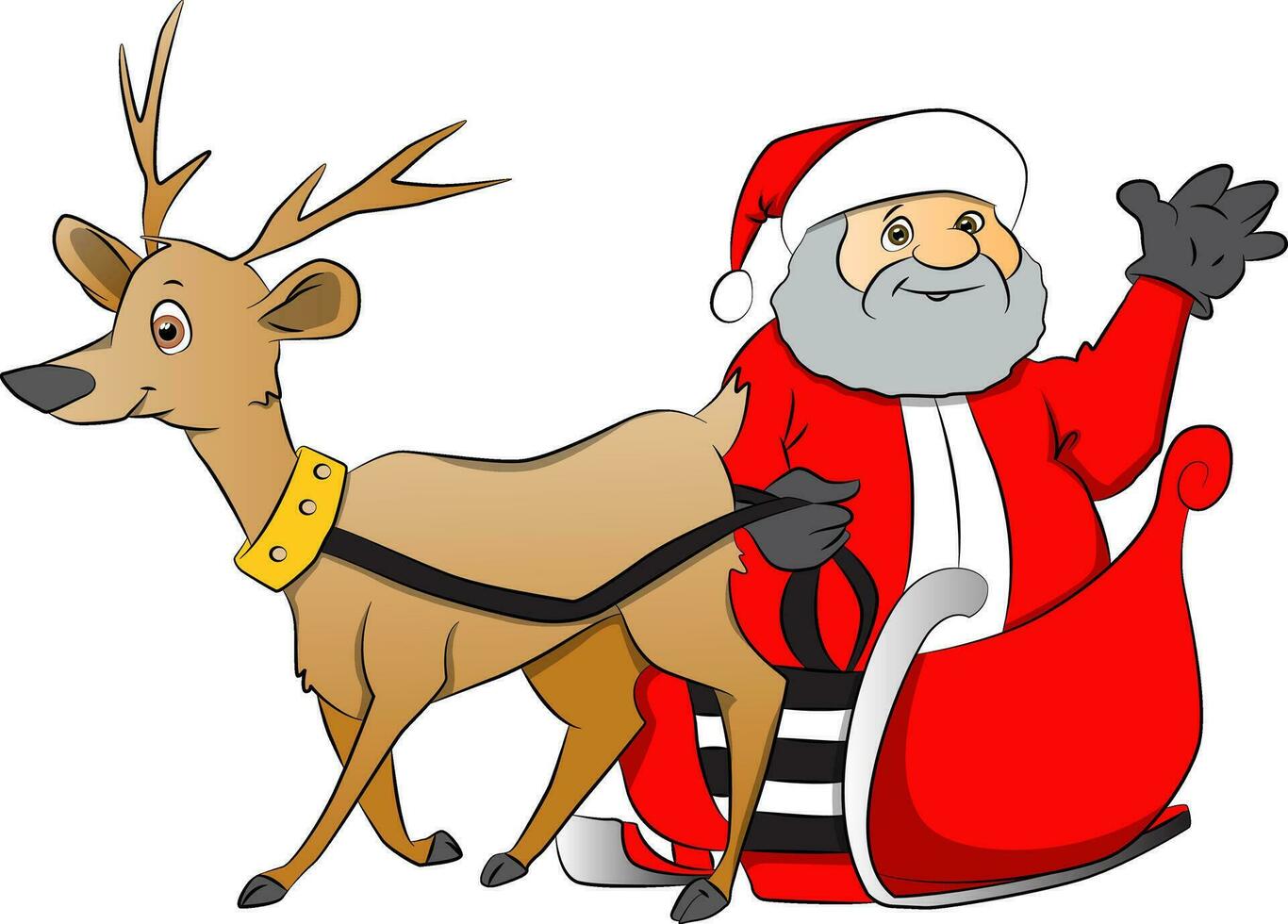 Vector of santa claus waving from reindeer drawn cart.