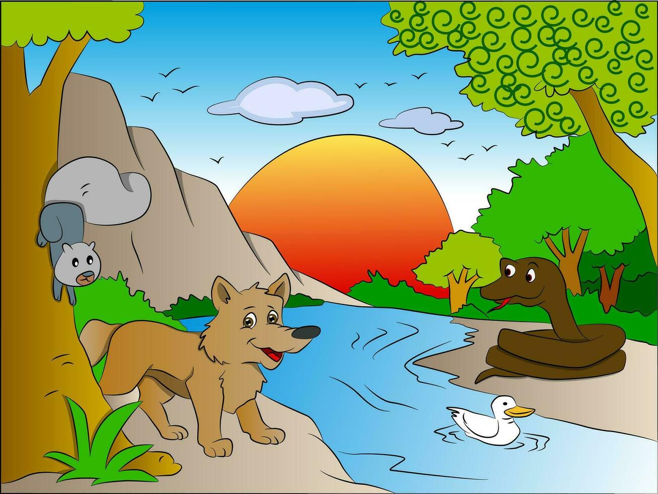 Vector of squirrel and fox watching snake on other side of lake.