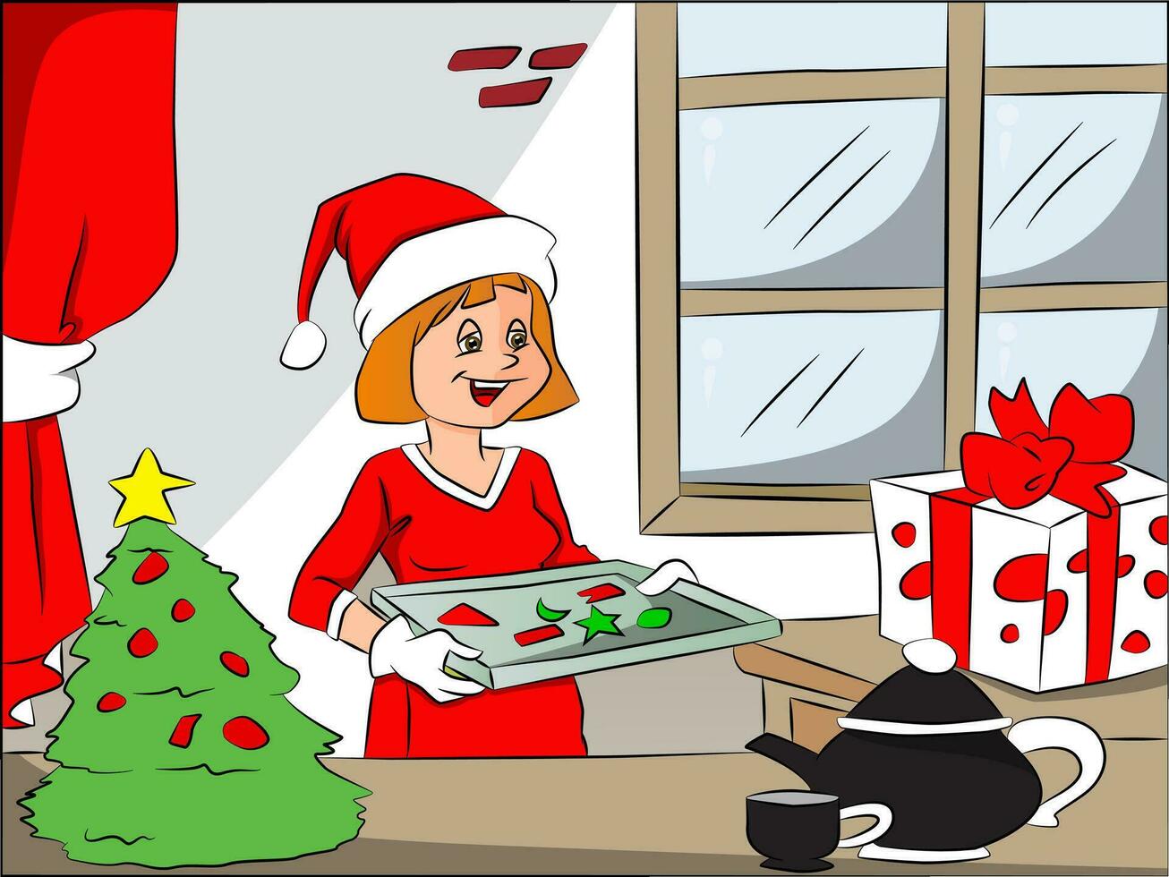 Vector of happy woman with christmas cookies on tray.