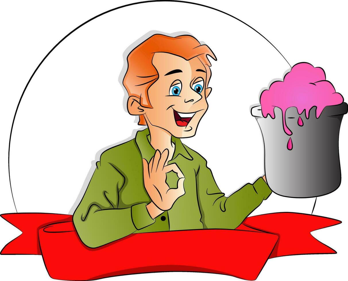 Vector of happy man holding ice cream tub and gesturing.