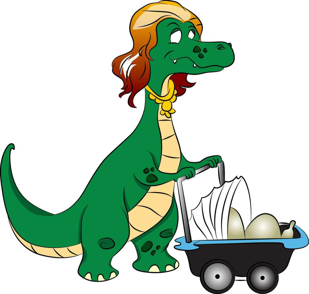 Vector of mother dinosaur pushing stroller with eggs in it.