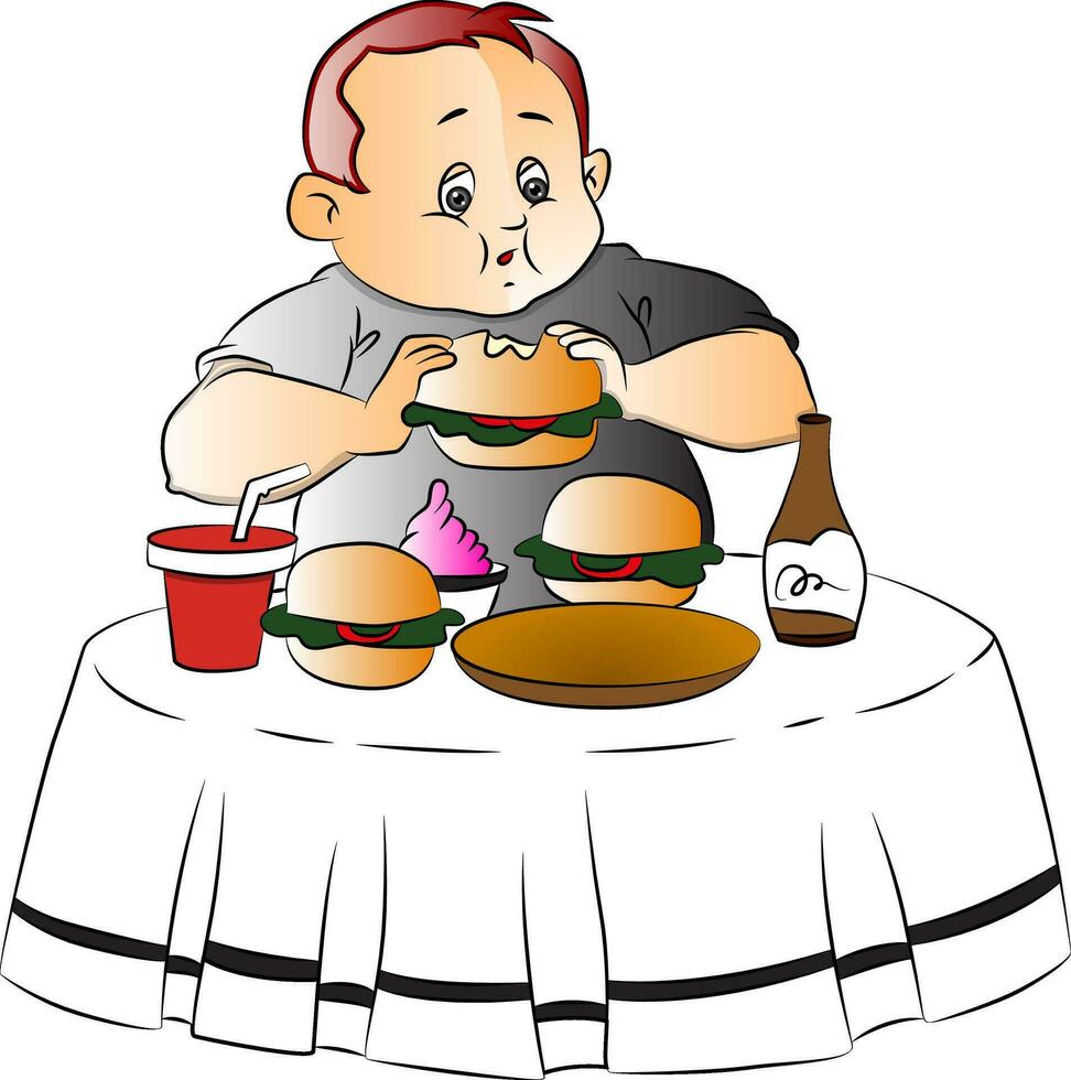 Vector of fat boy eating burger.