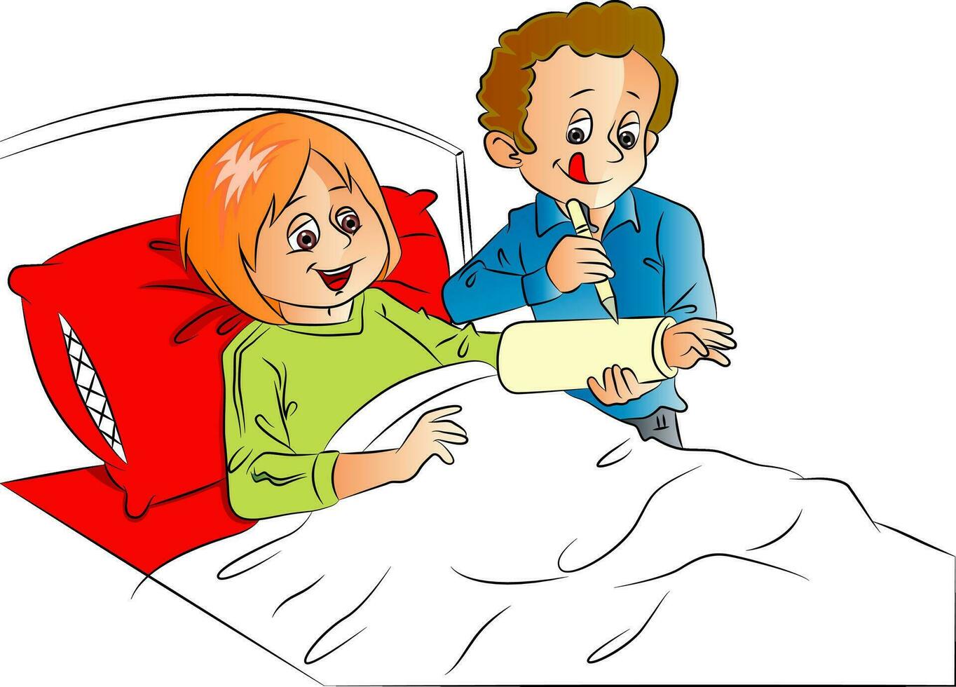 Vector of man writing on wife's plaster cast, relaxing on bed.