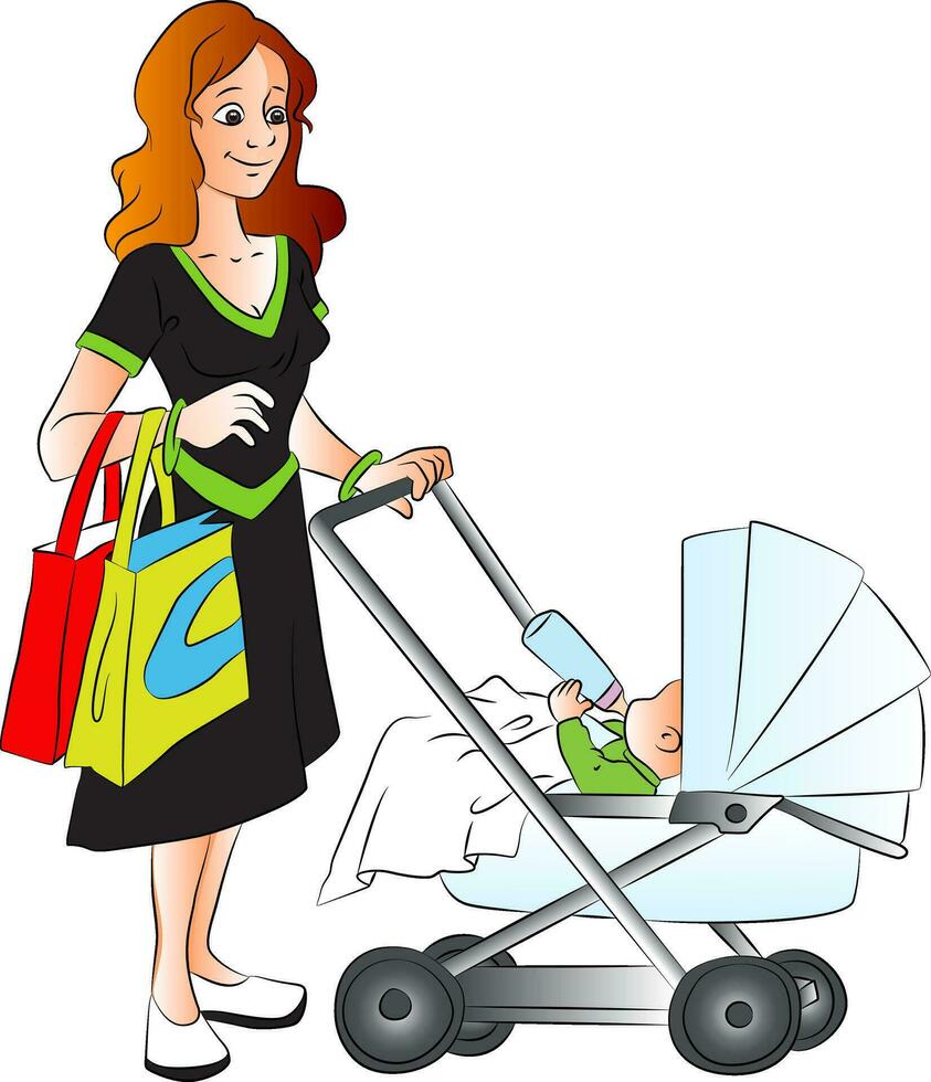 Vector of mother holding shopping bags and pushing her baby in pram.