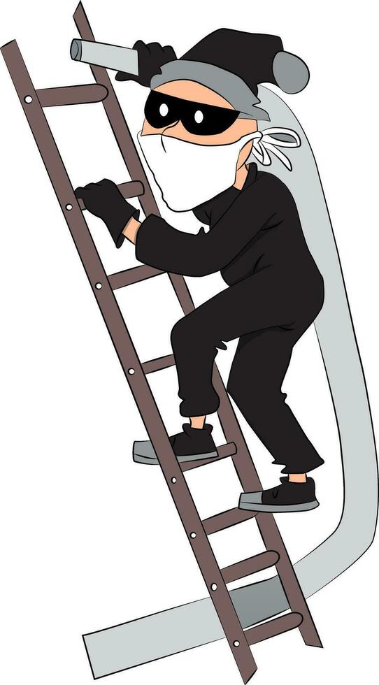Vector of thief with pipe on ladder.