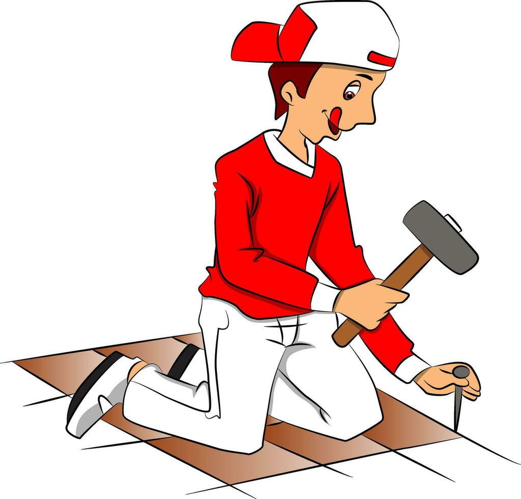 Vector of repairman hammering nail to remove tiled floor.