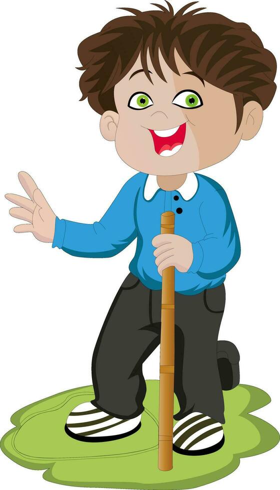 Vector of excited boy holding stick.