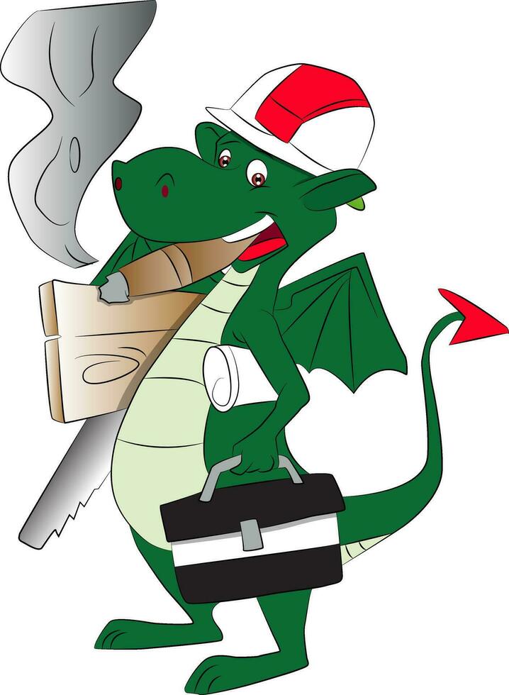 Vector of fly dragon carrying work tools and smoking cigar.