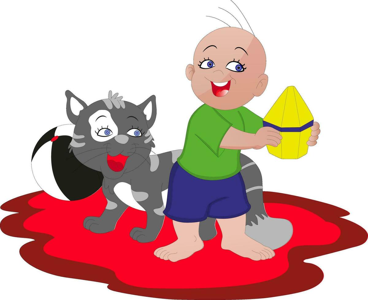 Vector of boy playing with cat.