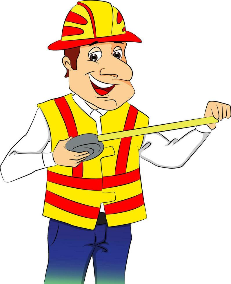 Vector of happy repairman with tape measure.