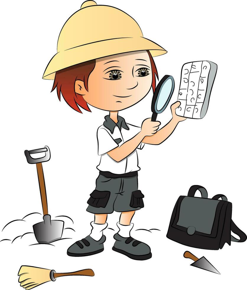 Vector of boy using magnifying glass at construction site.