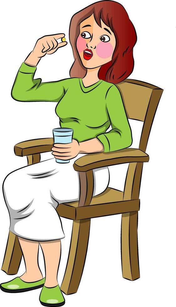 Vector of scared woman taking a pill.