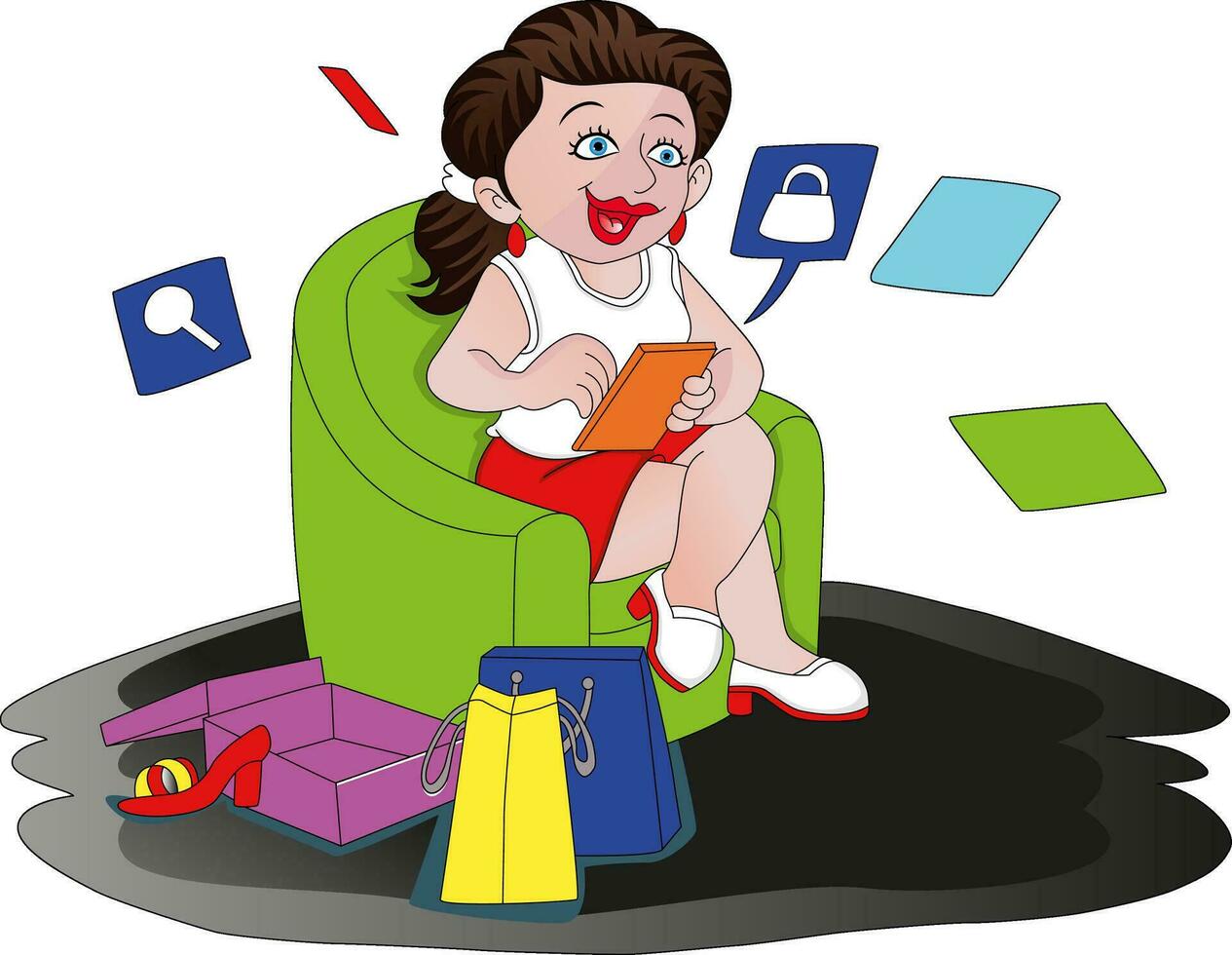 Vector of happy woman shopping online.