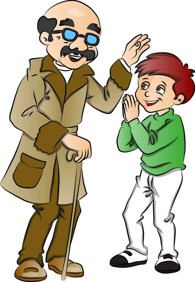 Vector of happy old man blessing a boy.