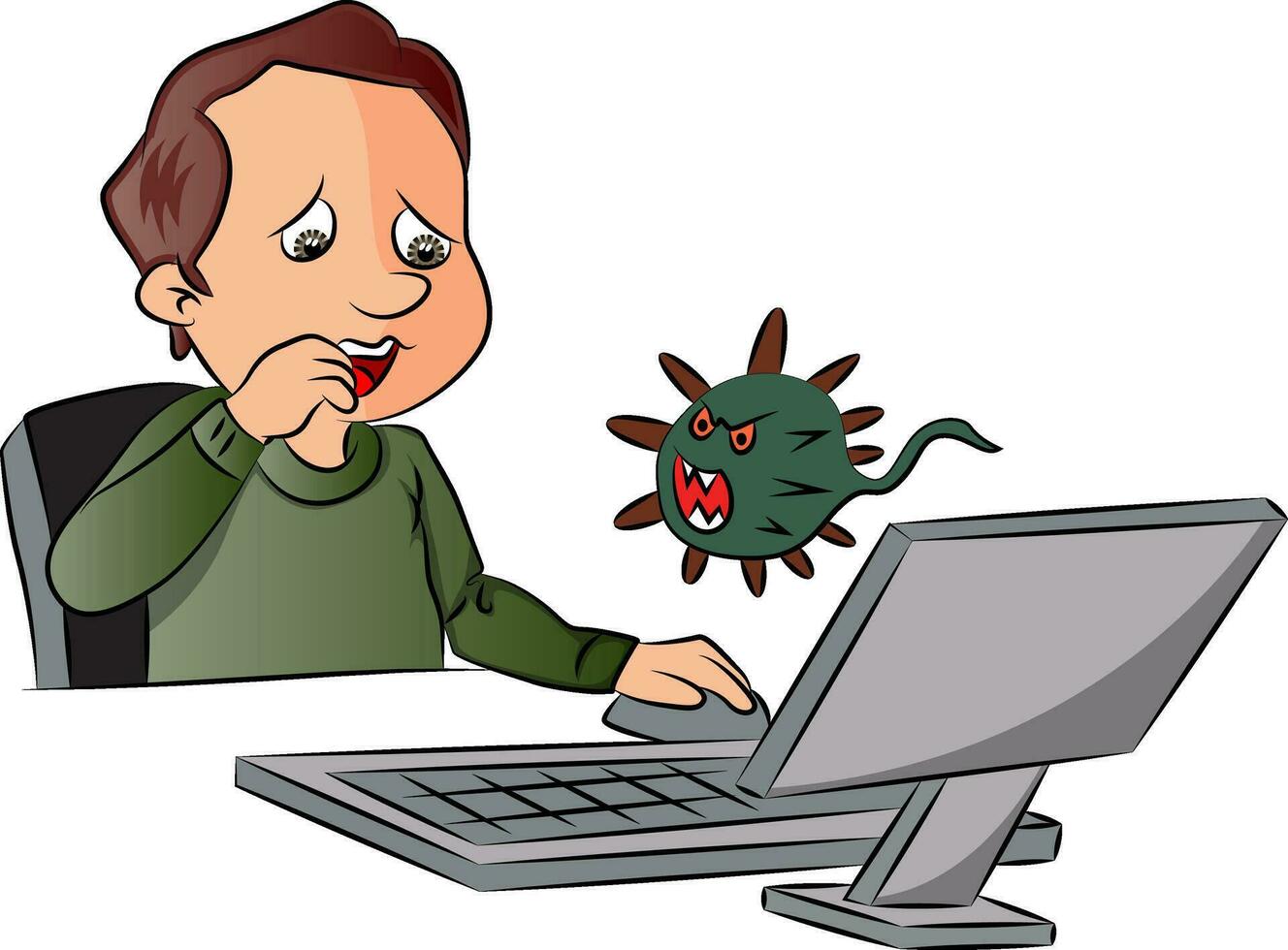 Vector of man scared by looking at computer virus.