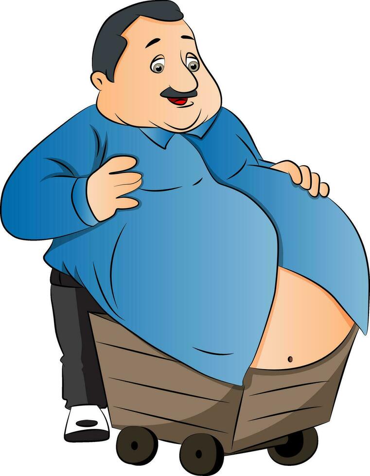 Vector of an obese man with stomach on wheelcart.