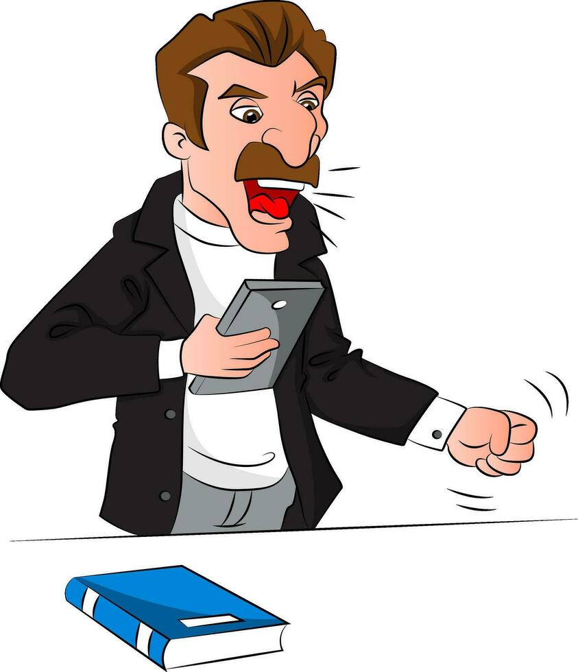 Vector of angry man holding a book, shouting.