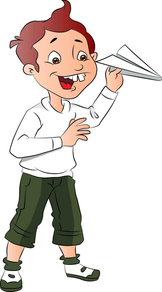 Vector of boy playing with paper rocket.