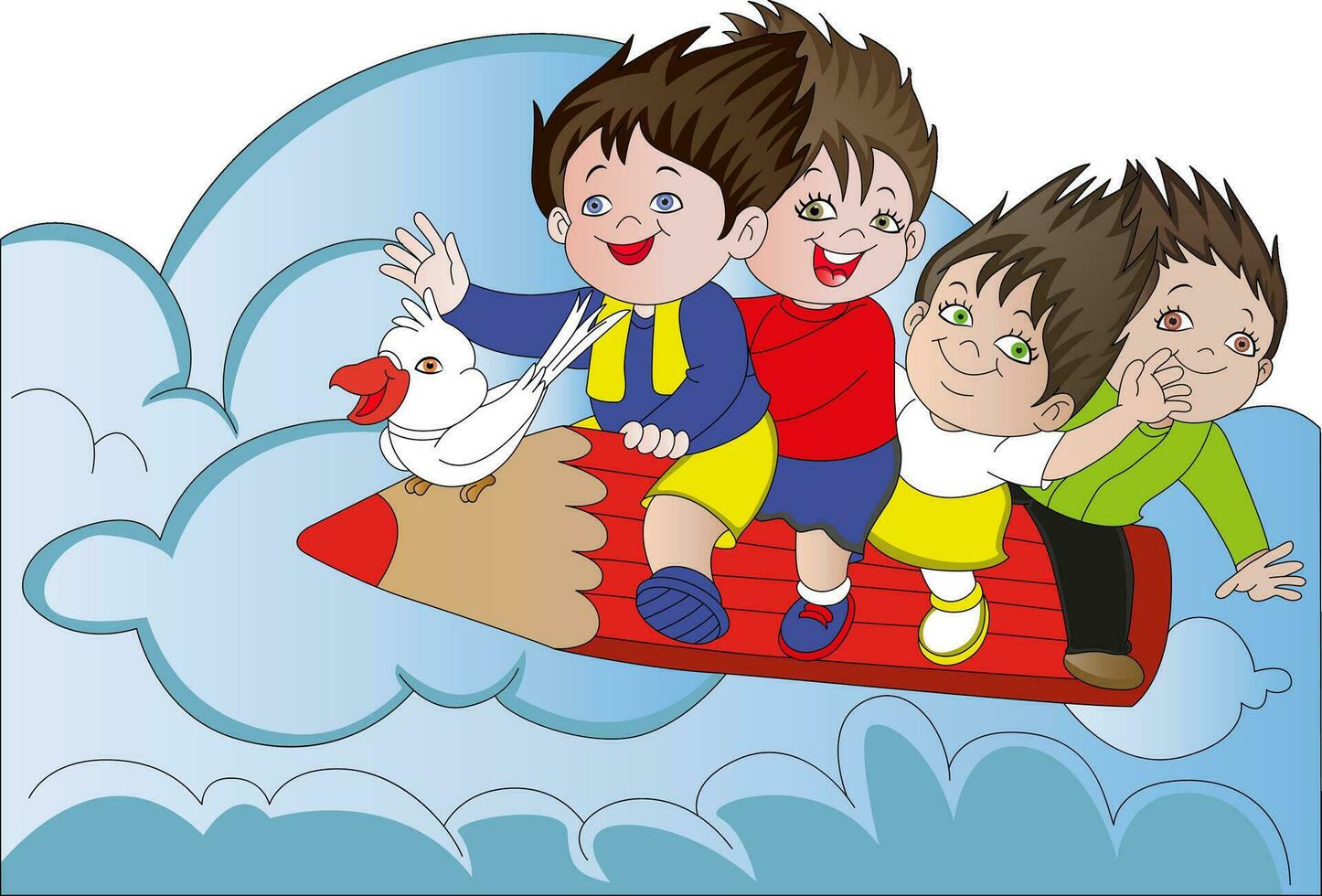 Vector of kids with bird flying on pencil.