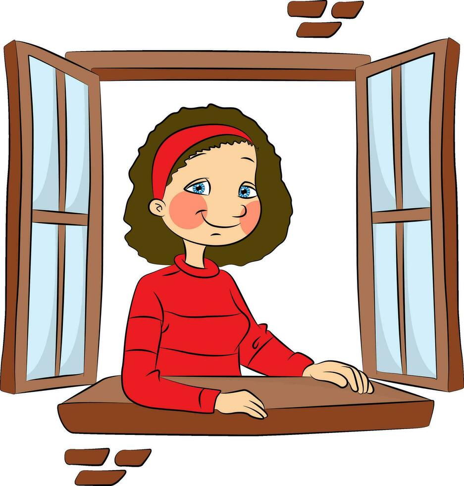 vector de niña a ventana.