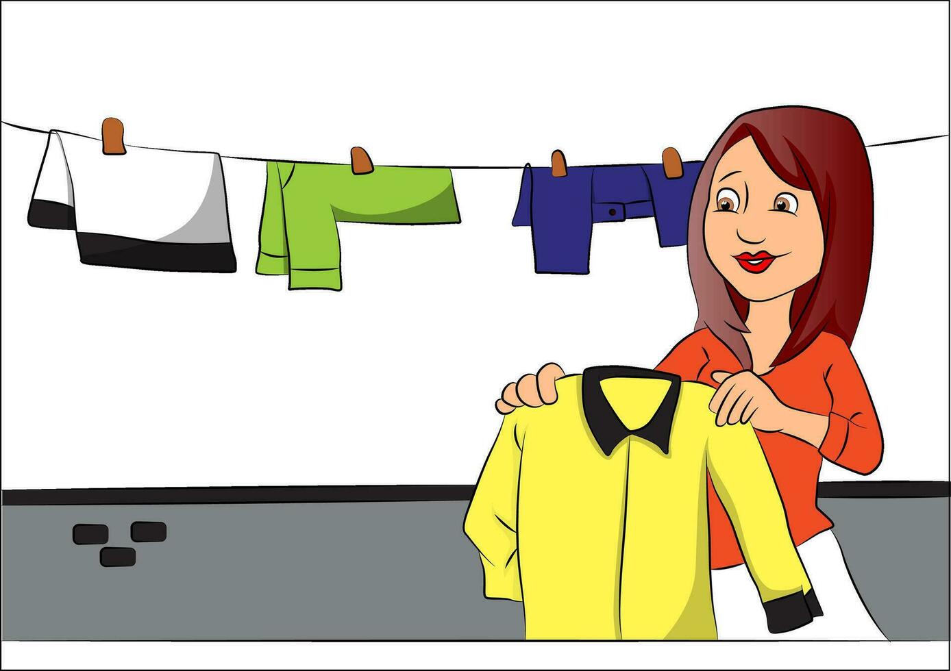Vector of woman hanging clothes on clothesline.