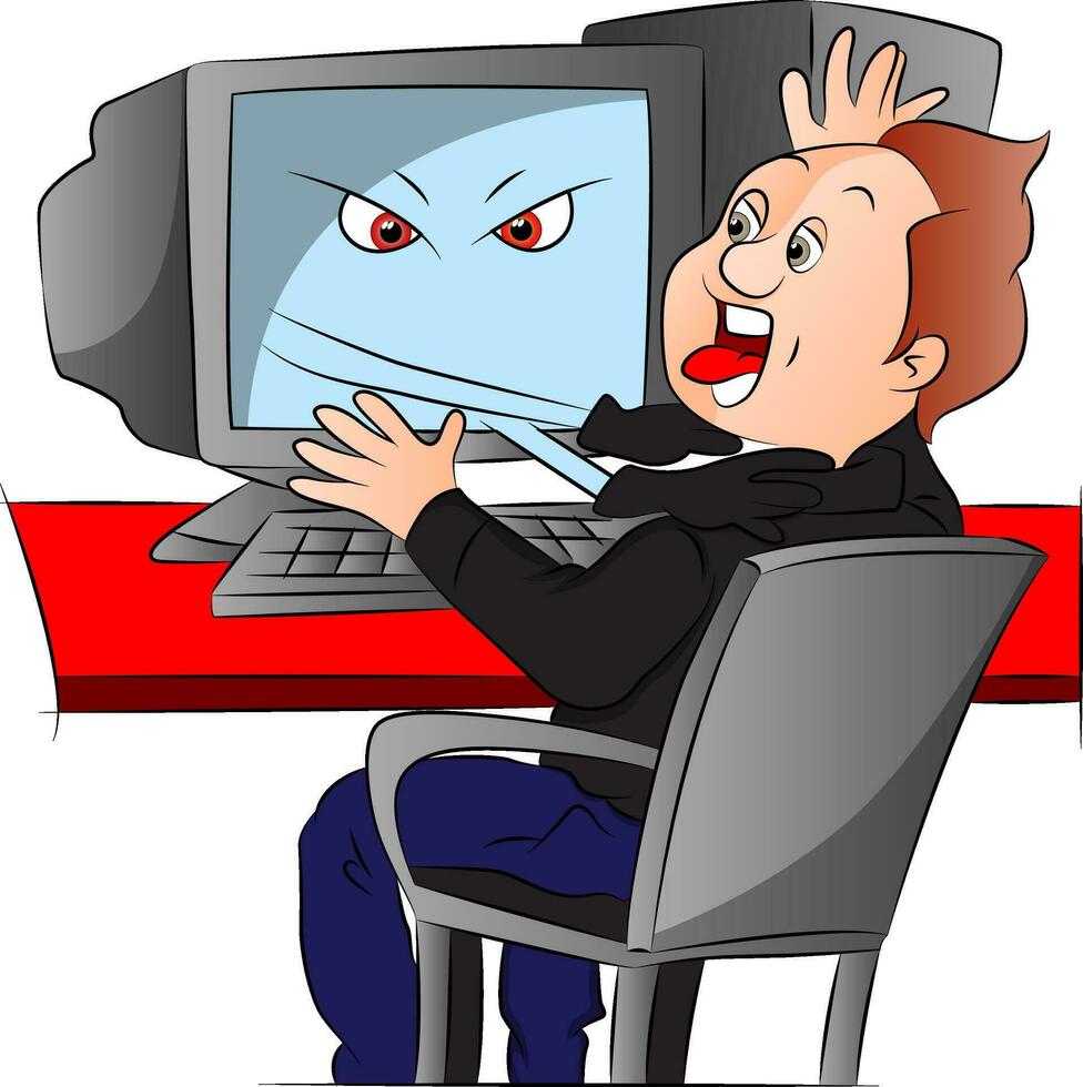 Vector of boy attacked by his computer.