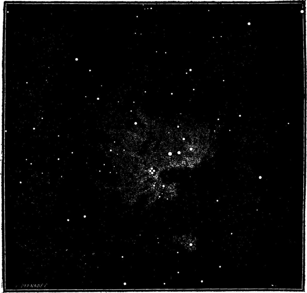 el Orión nebulosa, después el directo fotografía. primitivo cósmico importar y condensación, Clásico grabado. vector