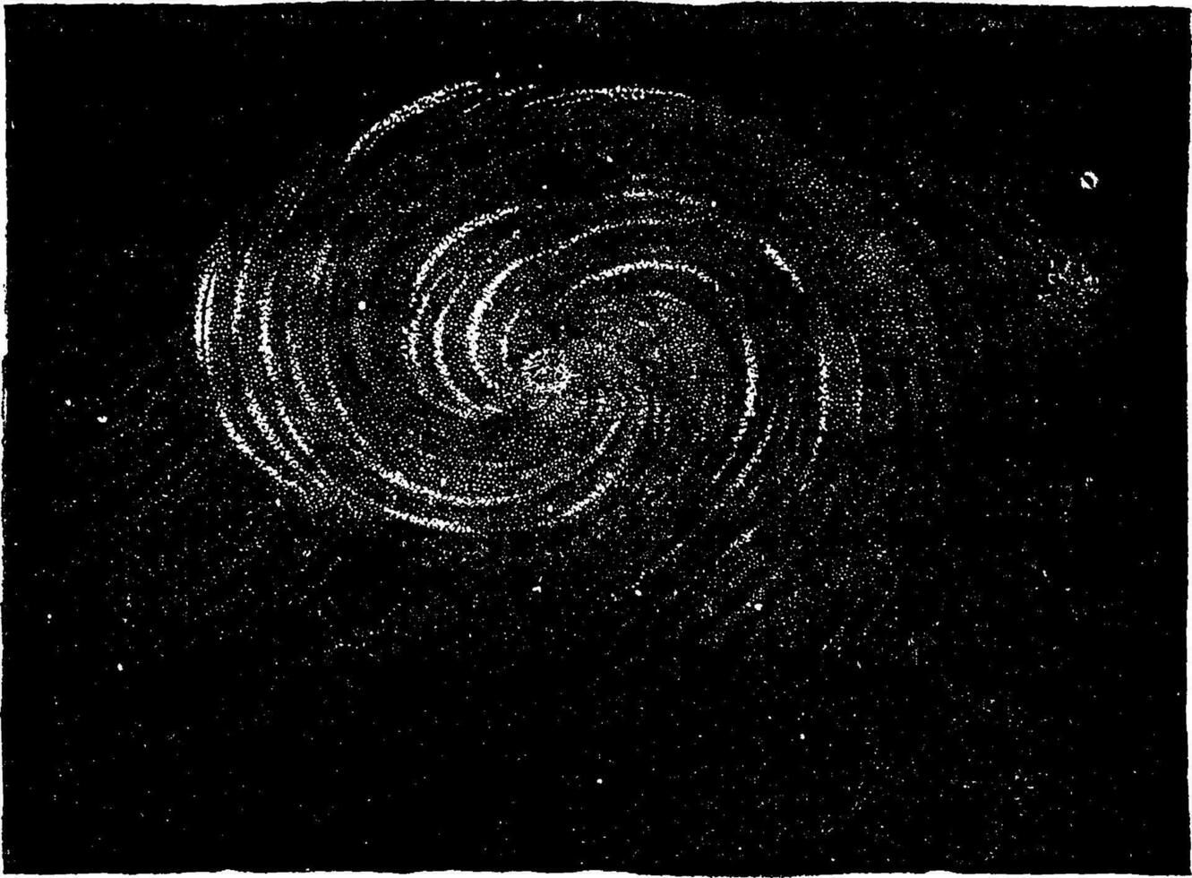 The spiral nebula in the constellation of the Hunting Dogs, showing the result of interior movements, vintage engraving. vector