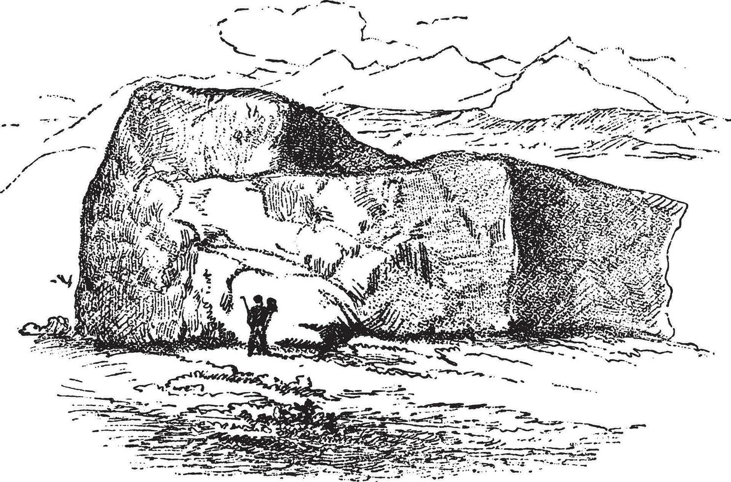 Bloc erratic of the Alps, deposited by an ancient glacier, vintage engraving. vector