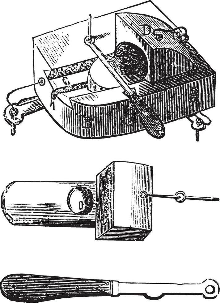 Oysters tools, vintage engraving. vector