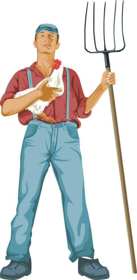 Vector of man with hen and shovel.