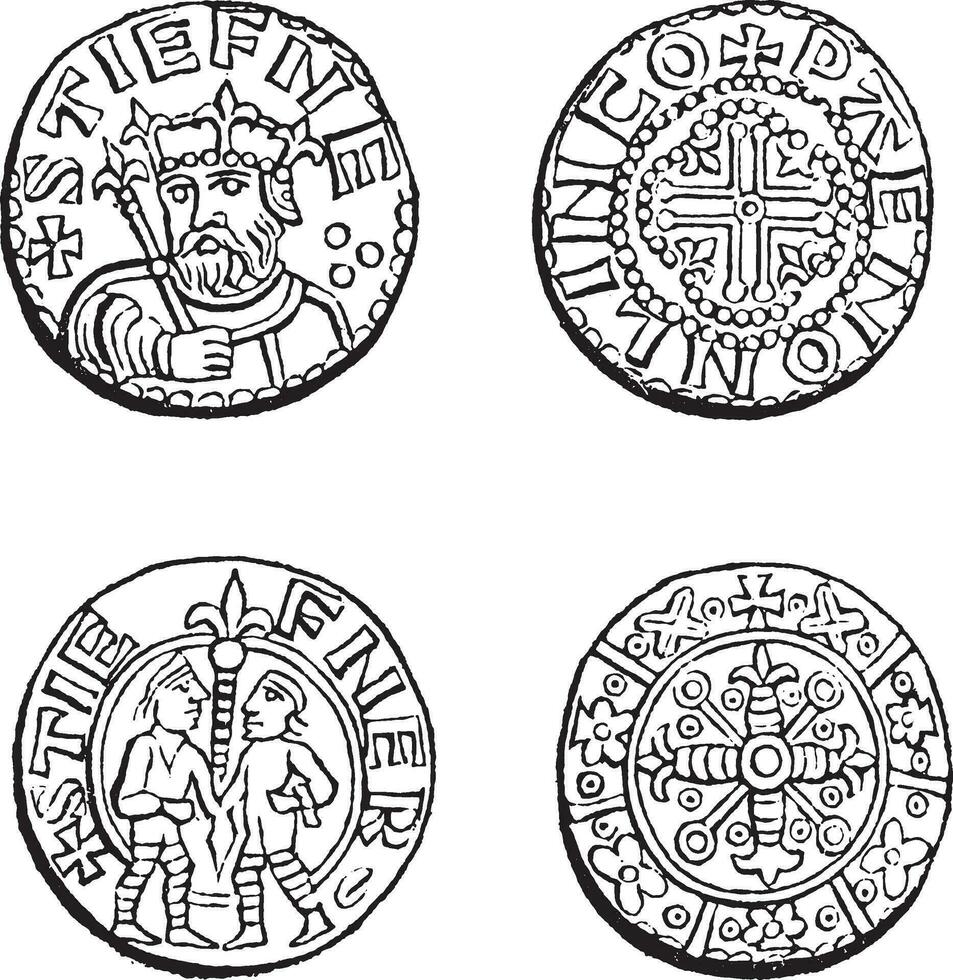 monedas acuñado durante el reinado de Etienne, Clásico grabado. vector