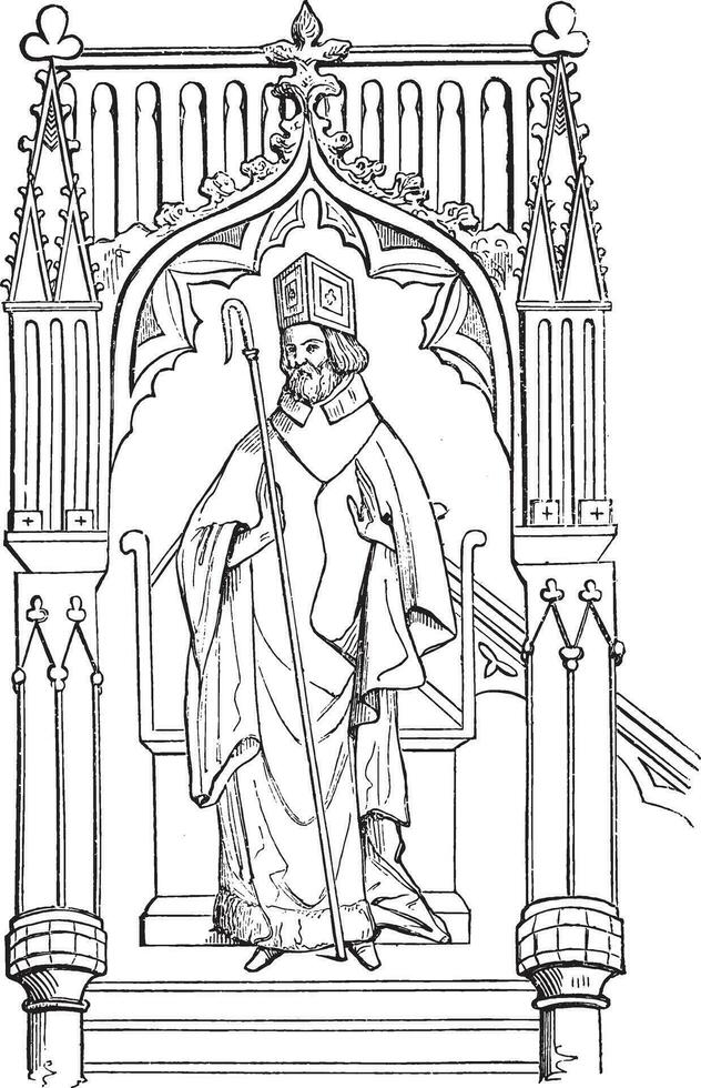 Statue Wulfstan, Bishop of Worcester, led the choir of Ely Cathedral, vintage engraving. vector