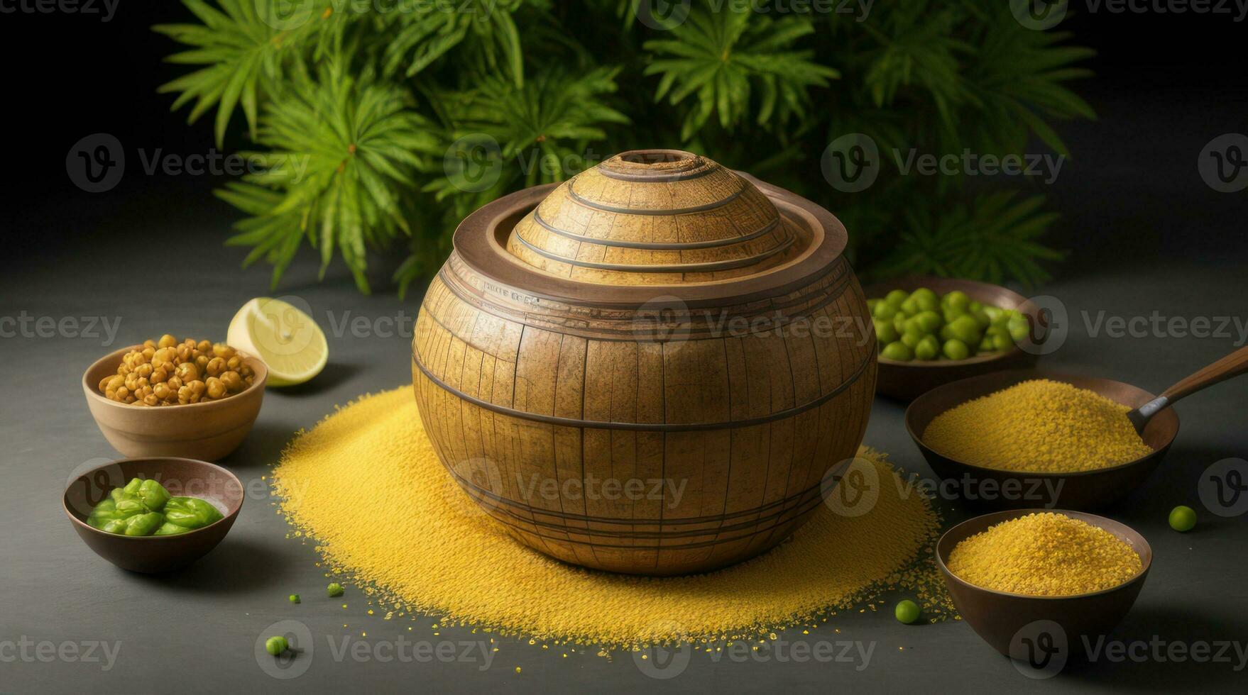 AI Generative, January 14-17, Pongal - harvest festival in India, Clay pot kalash with rice, cups with cereals photo