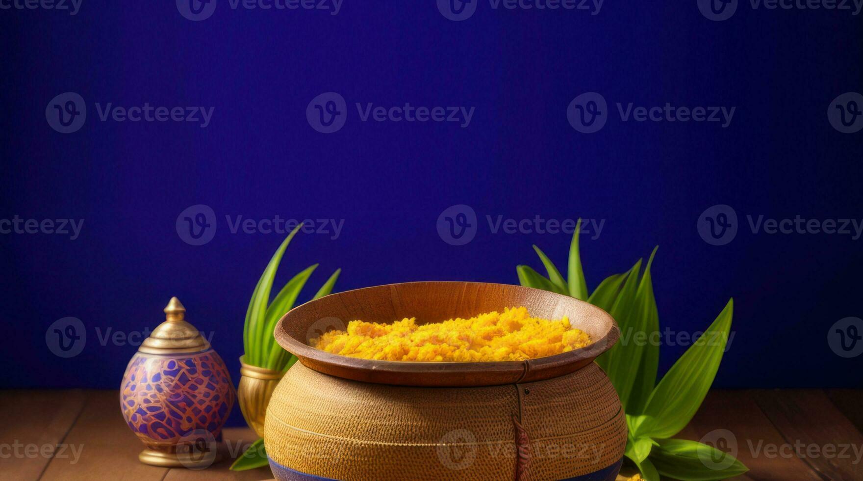 AI Generative, January 14-17, Pongal - harvest festival in India, Clay pot kalash with rice, place for text, banner photo