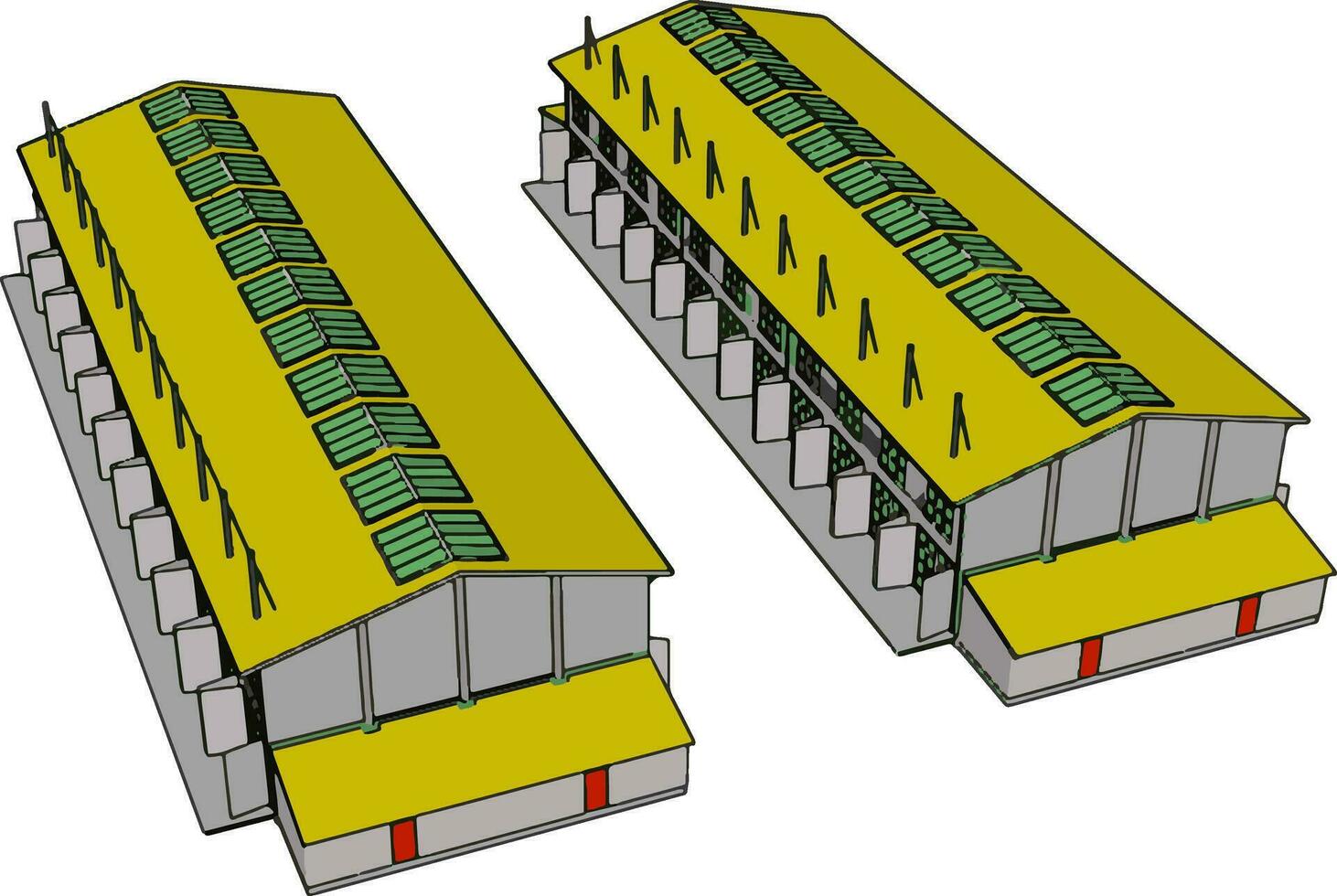 Two green and yellow large modern barns with open shuts and green roof windows vector illustration on white background
