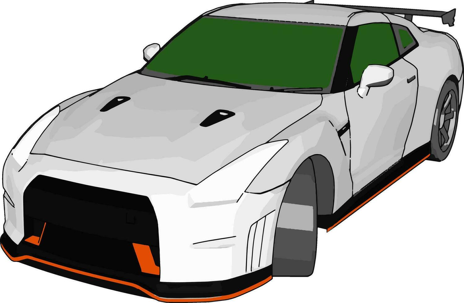blanco carrera coche con verde ventanas y naranja detalles y gris posterior revelación vector ilustración en blanco antecedentes